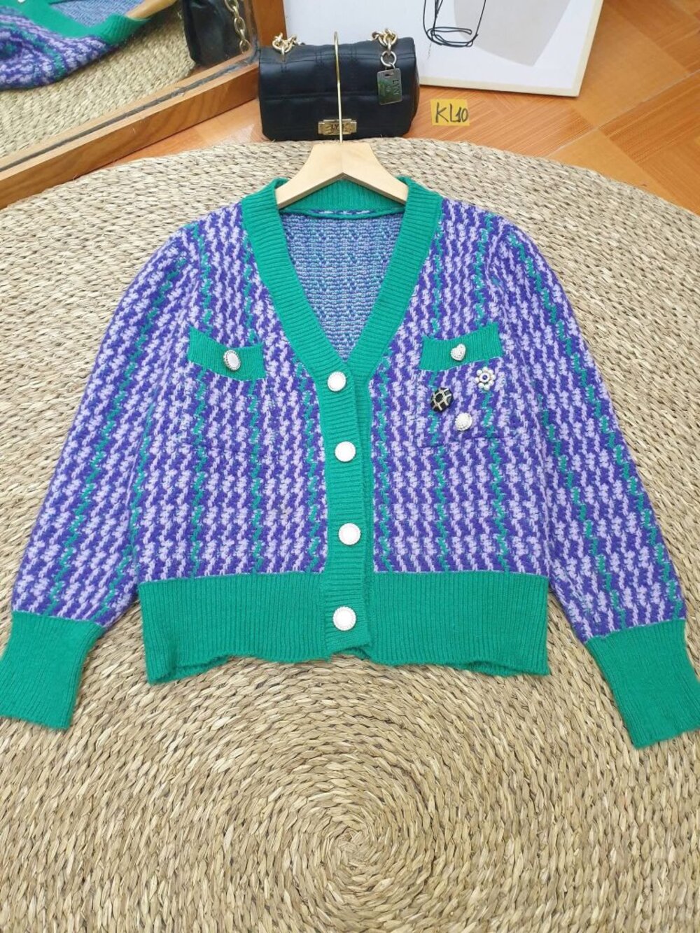 Purple Green Houndstooth Cardigan Charm Accent Cropped Sweater